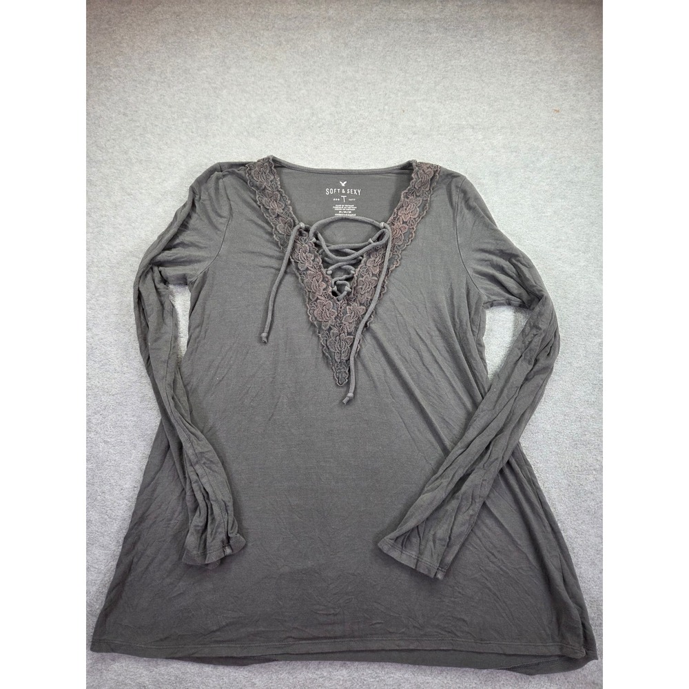 American Eagle Soft & Sexy Gray Lace Up Long Sleeve Top Womens Medium Boho Tee
